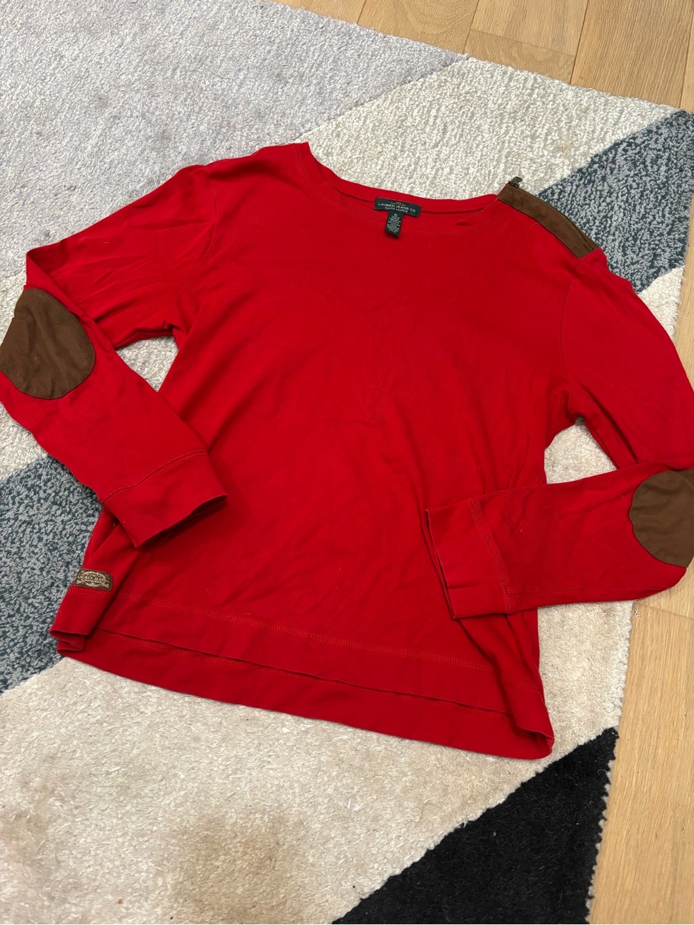 Lauren Ralph Lauren Red Long Sleeve Top with Brown Elbow Patches Womens Size XL